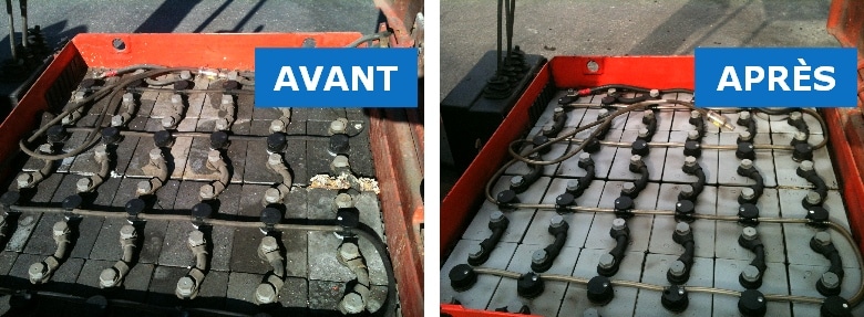 Batteries before and after dry ice blasting Forklift maintenance by dry ice blasting