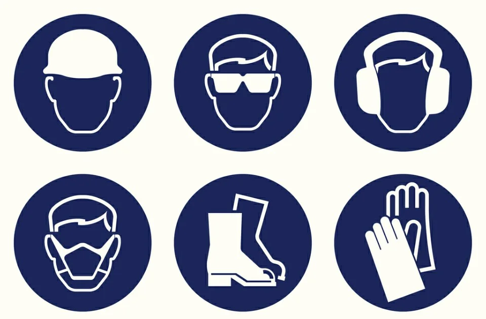 Óculos de proteção, capacete antirruído, luvas antifrio