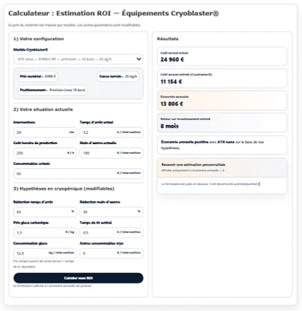 Ferramenta calculadora ROI de limpeza com gelo seco
