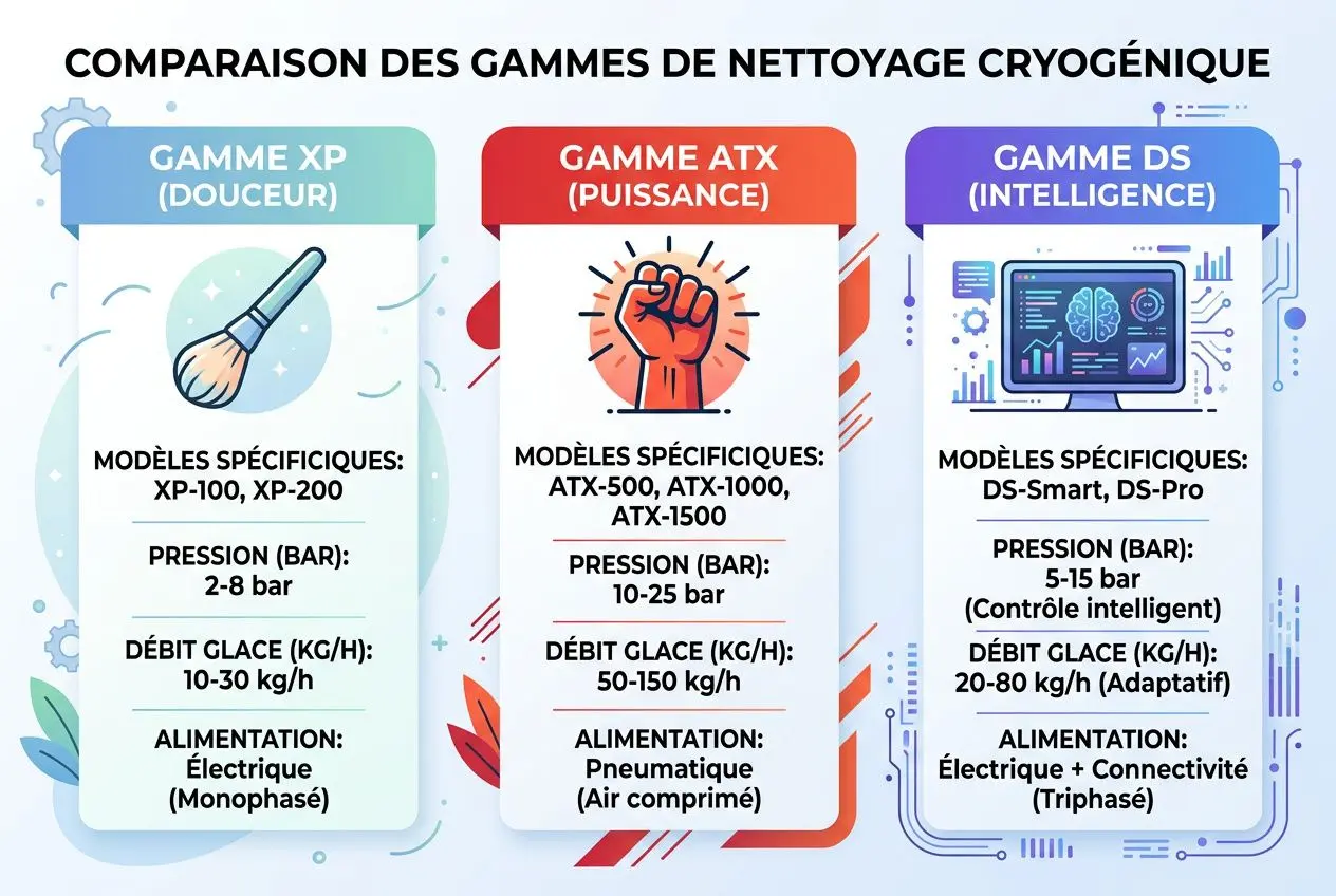 differences-technologies-nettoyage-cryogenique-cryoblaster Vergleich der Baureihen für kryogene Reinigung mit drei Modellen XP/ATX/DS und deren technische Spezifikationen.