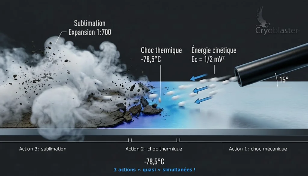 Alt : Démonstration d’alternatives au sablage traditionnel avec sublimation et choc thermique, montrant l’aérogommage et hydrogommage à côté des images de débris et fumée.