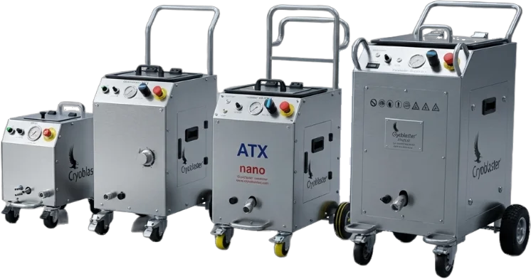 Industrial dry ice blasting machines on wheels with control panels for scalable cryogenic blasting setups on ice cleaning equipment.