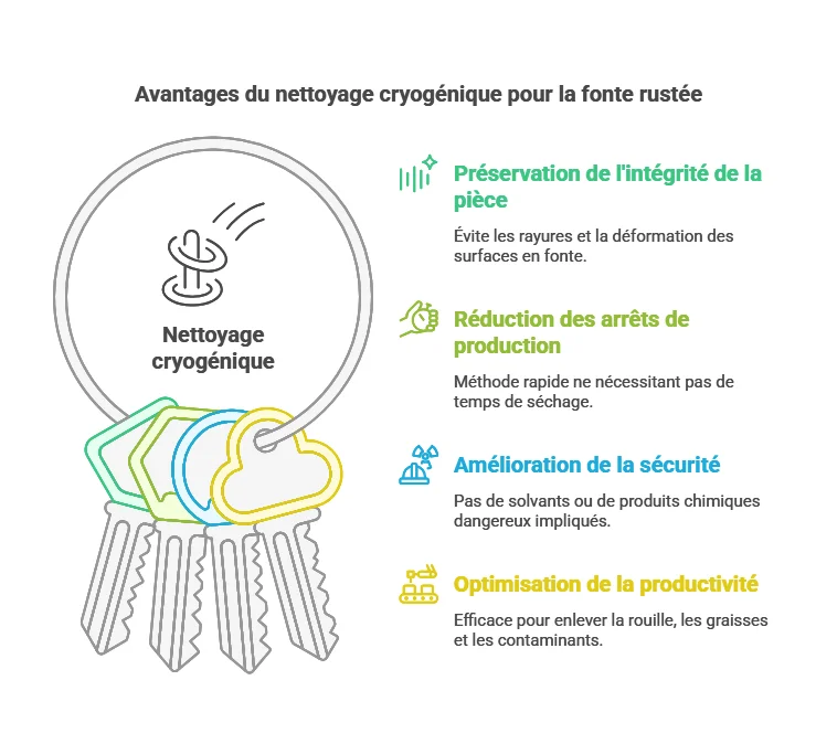 Nettoyage cryogénique : clés et avantages illustrés, avec des clés physiques et une icône de nettoyage cryogénique.