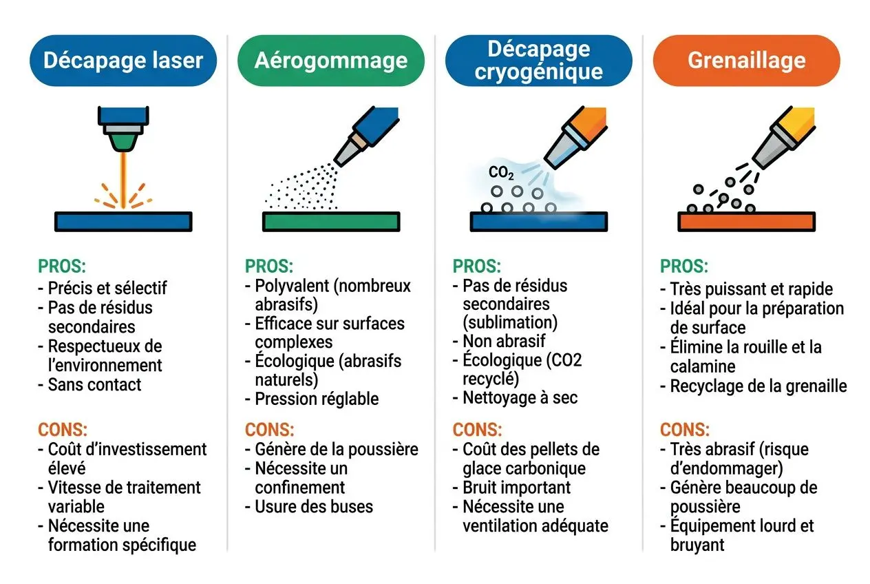 Quatre méthodes de décapage illustrées: Décapage laser, Aérogommage, Décapage cryogénique et Grenaillage avec leurs avantages et inconvénients.