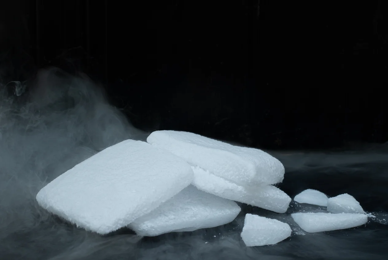 Bloc de glace carbonique en morceaux sur fond sombre, légèrement fumant autour. Contexte de conservation des aliments avec la glace carbonique.