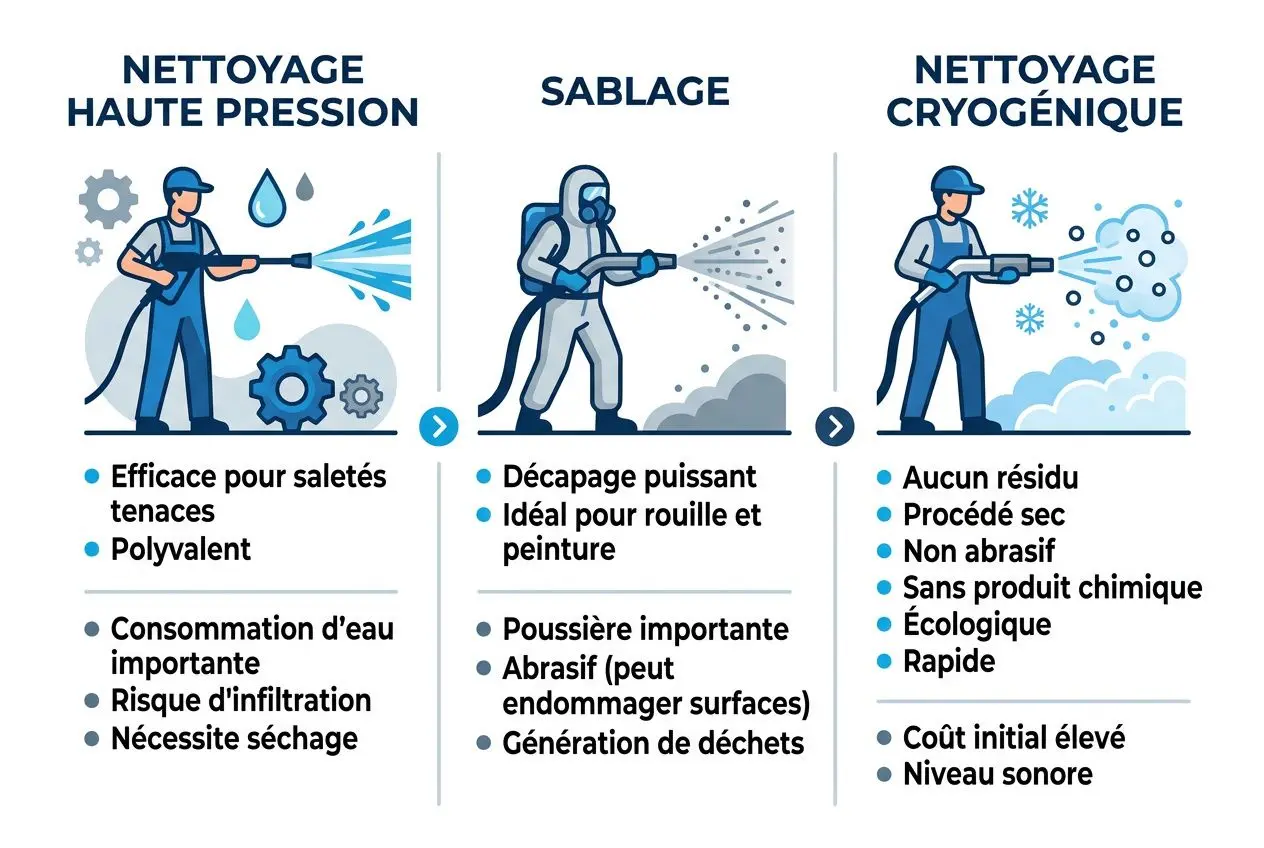 Nettoyage cryogénique : fonctionnement illustré avec séparation haute pression, sablage et cryogénique. включая principes et résultats.