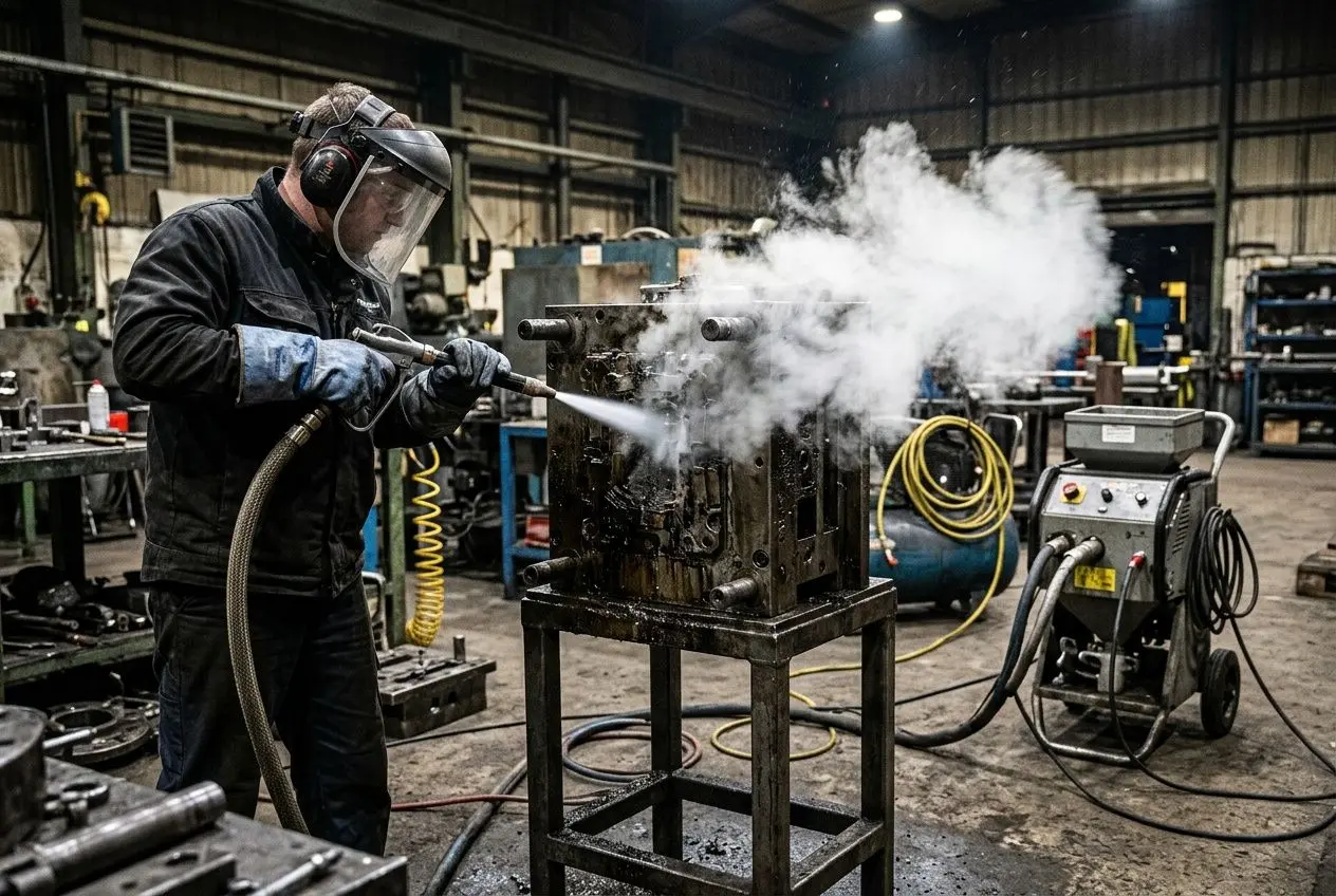 A worker in protective gear uses a dry ice blasting nozzle, releasing a cloud of CO2 ice particles at a machinery component. How does dry ice blaster work explained.